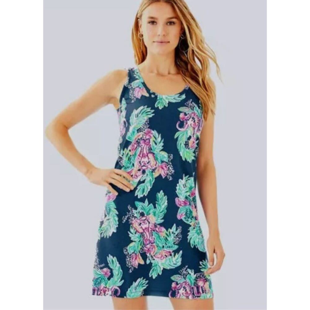 Lilly Pulitzer Raylee Elephant Tank Dress Womens Size XS Blue Pink Tropical